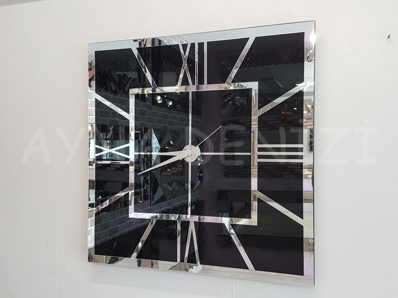 Silver Quare Black Model Gümüş Siyah Renk Dekoratif Aynalı Duvar Saati