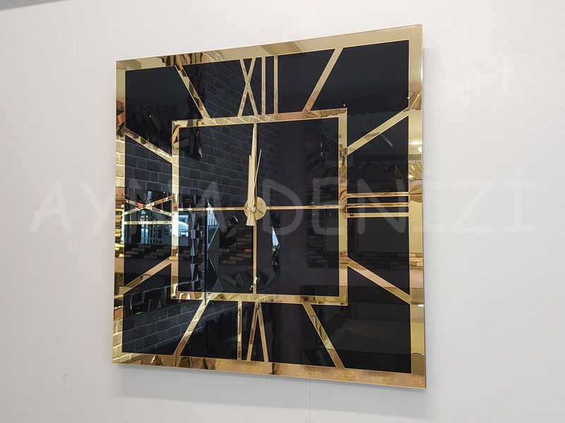 Golden Quare Black Model Altın Siyah Renk Dekoratif Aynalı Duvar Saati