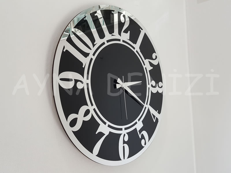 Silver Latin Black Model Gümüş Siyah Renk Dekoratif Aynalı Duvar Saati