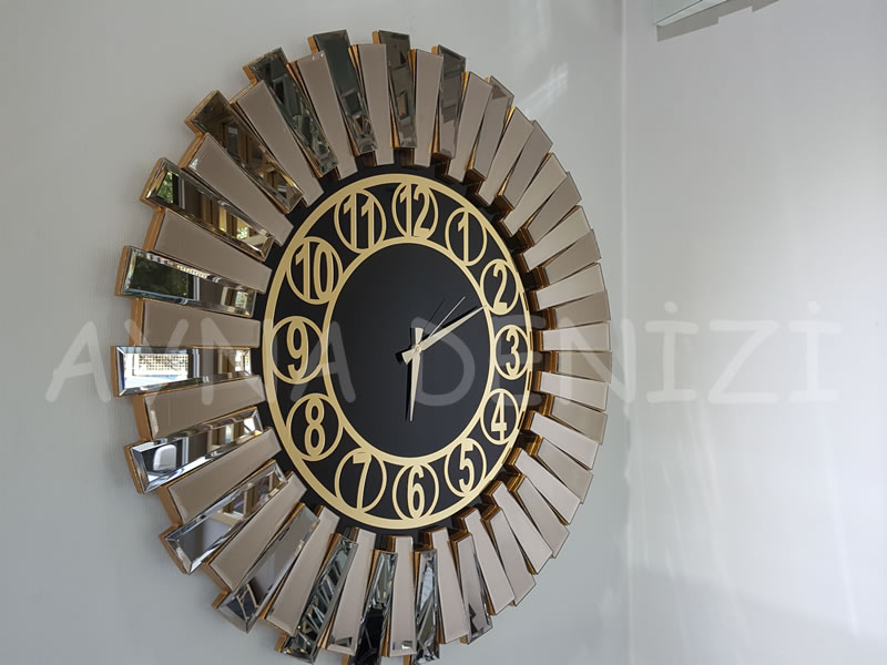 Güneş Golden Circle Black Model Altın Siyah Renk Dekoratif Aynalı Duvar Saati