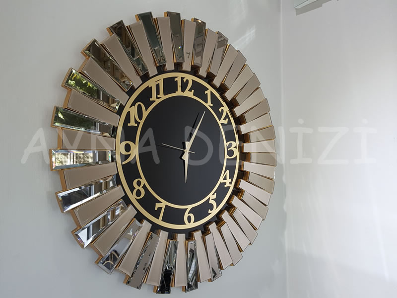 Güneş Golden Latin Black Model Altın Siyah Renk Dekoratif Aynalı Duvar Saati