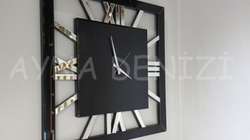 Square Silver Black Model Gümüş Siyah Renk Dekoratif Aynalı Duvar Saati