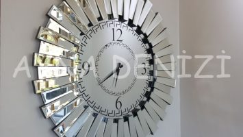 Güneş Retro Silver Model Siyah Gümüş Renk Dekoratif Aynalı Duvar Saati