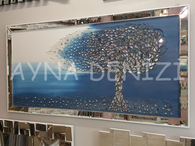 Luna Model Mozaik Aynalı Mavi Renk Ayna Çerçeveli Ağaç Tablo