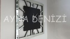 Square Centre Black Model Gümüş Siyah Renk Dekoratif Aynalı Duvar Saati